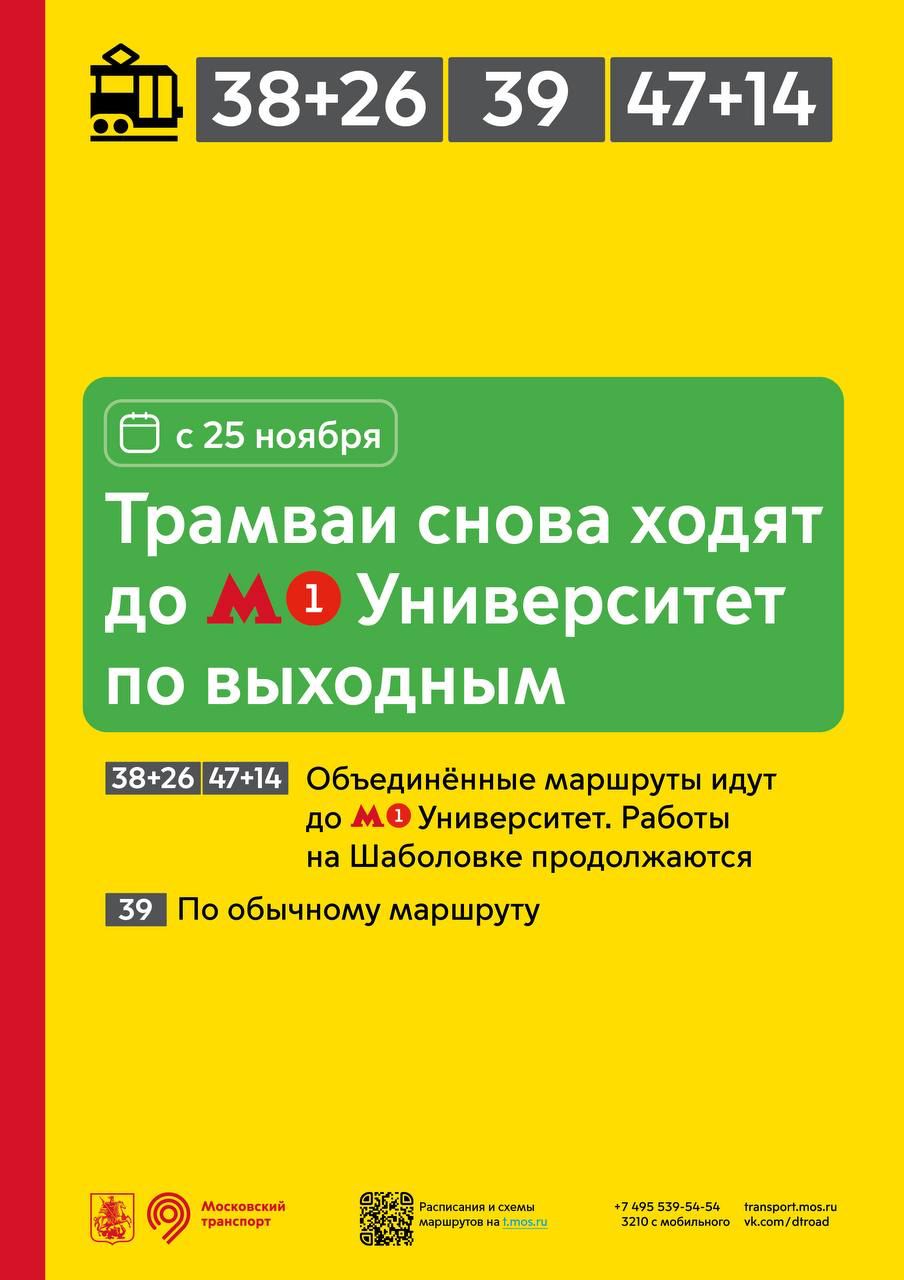 Изменения в работе трамваев в районе метро «Университет» и на Шаболовке